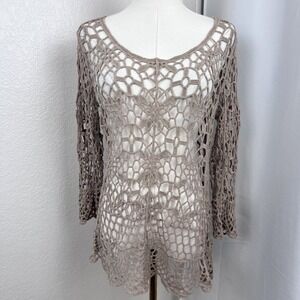 Y2K Crochet Open Knit Top Womens Medium Beige Cotton Boho Cottagecore Coastal